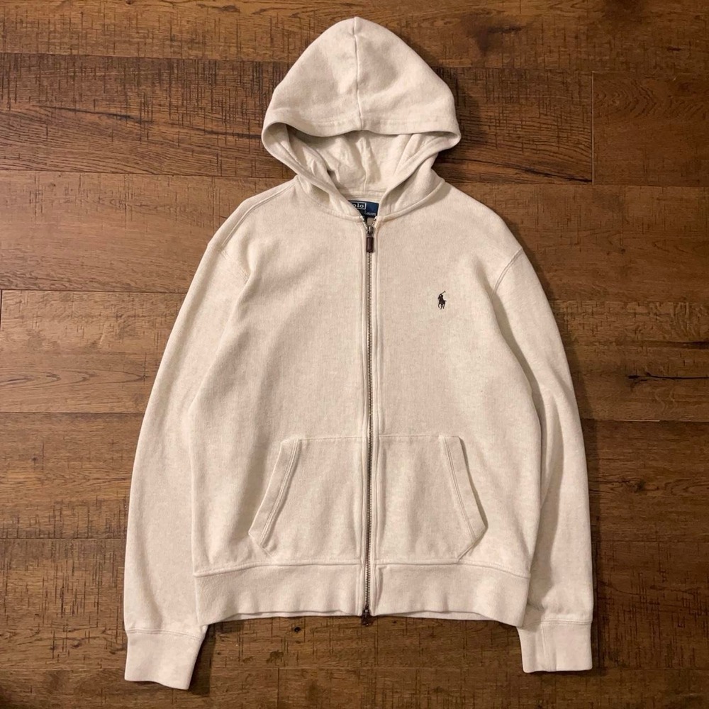 Polo Ralph Lauren Zip Hoodie Mens L Cream Preppy Brown Pony Embroidered Classic